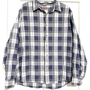 Wrangler Men's Navy Gray & White Plaid Button Down Shirt • XLarge